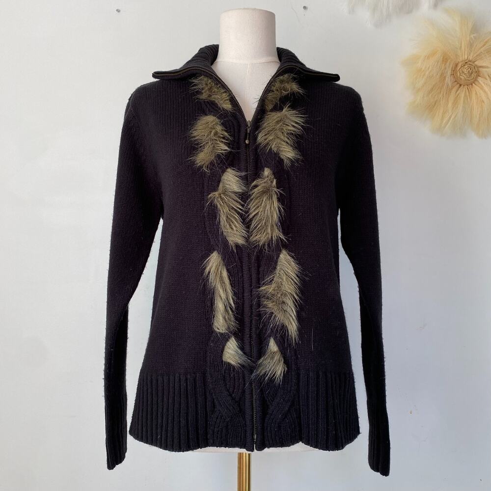 Vintage Preston & York Womens Faux Fur Trim Cardigan Size M‎ Zip Up Grunge Mob